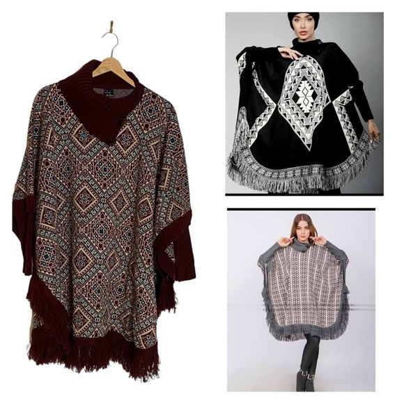 Arian & Shine Soft Wool Mock Neck Boho Poncho With Fringe - Picture 11 of 11